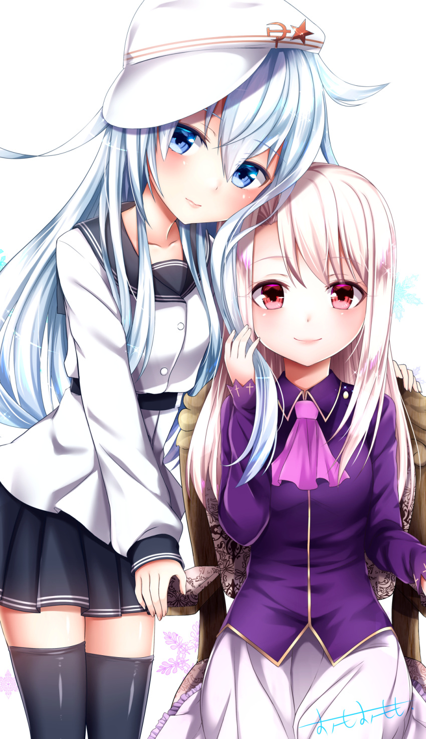 2girls artist_name black_legwear black_sailor_collar black_skirt blue_eyes breasts commentary_request crossover fate/stay_night fate_(series) hair_between_eyes hammer_and_sickle hat hibiki_(kantai_collection) highres illyasviel_von_einzbern kantai_collection long_hair long_sleeves multiple_girls omoomomo pleated_skirt red_eyes sailor_collar sailor_shirt shirt signature silver_hair simple_background sitting skirt small_breasts thigh-highs verniy_(kantai_collection) white_background white_hat