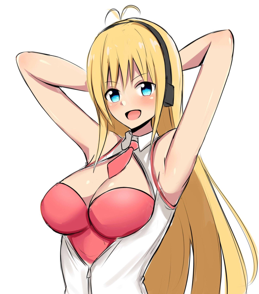 1girl :d antenna_hair aqua_eyes armpits arms_behind_head arms_up bangs bare_shoulders baretto_(karasi07) black_hairband blonde_hair blush breasts cleavage cleavage_cutout hairband highres large_breasts long_hair looking_at_viewer necktie open_clothes open_mouth open_vest partially_unzipped red_neckwear simple_background smile solo straight_hair tsurumaki_maki upper_body v-shaped_eyebrows very_long_hair vest voiceroid white_background white_vest wing_collar