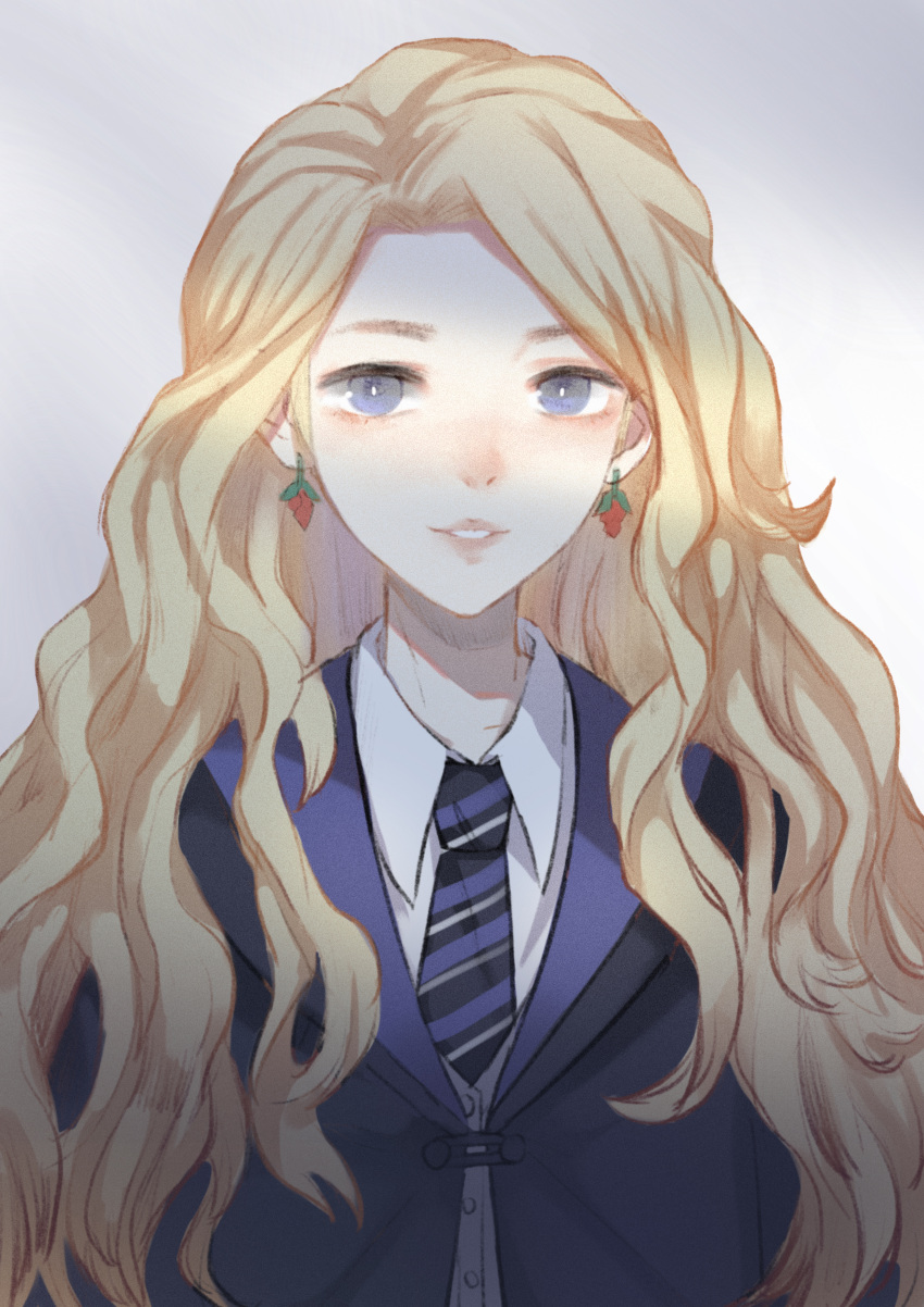 1girl absurdres blue_eyes blush bright_pupils collared_shirt earrings forehead gradient gradient_background grey_background harry_potter highres jewelry light_smile long_hair luna_lovegood necktie nose_blush parted_lips robe shirt solo striped_neckwear upper_body wavy_hair white_shirt wing_collar xiang_wan_wei_wan