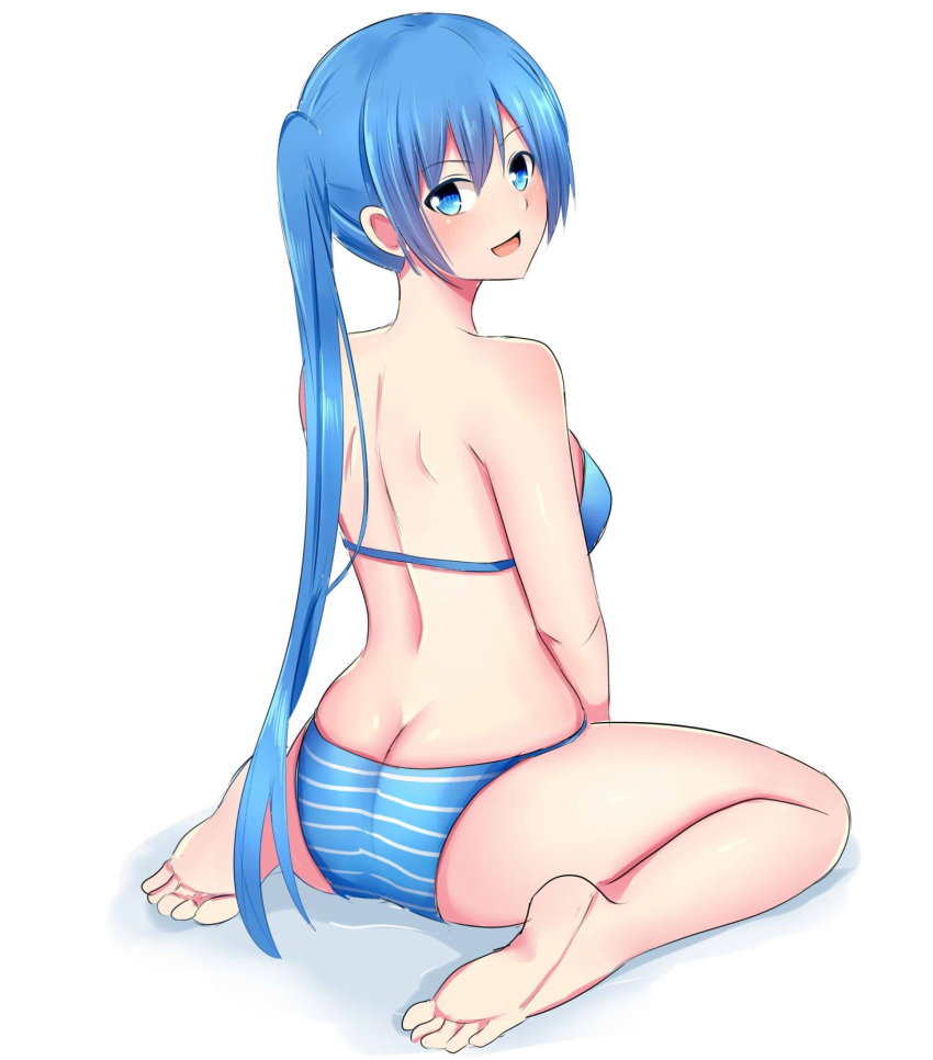 1girl ass back bangs bare_arms bare_back bare_shoulders barefoot baretto_(karasi07) between_legs bikini blue_bikini blush breasts butt_crack eyebrows_visible_through_hair from_behind full_body hand_between_legs hatsune_miku highres long_hair looking_back mismatched_bikini shiny shiny_hair sideboob simple_background sitting small_breasts soles solo striped_bikini_bottom swimsuit toes twintails very_long_hair vocaloid wariza white_background