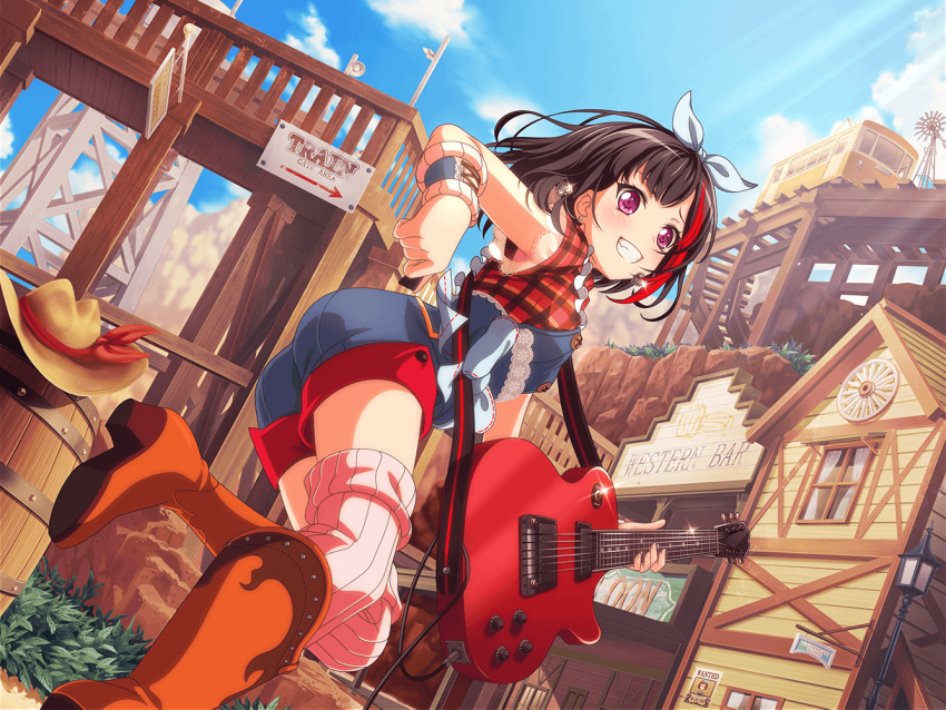 1girl bang_dream! black_hair blush boots cloud cowboy_hat day green_eyes guitar holding_instrument looking_at_viewer mitake_ran official_art polo short_hair sky smile solo sunlight town