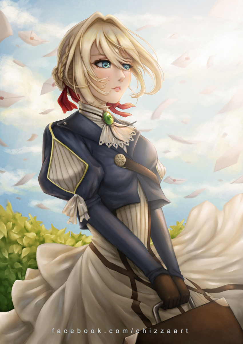 1girl bangs blonde_hair blue_eyes blue_jacket braid briefcase brooch chizza clouds dress envelope gloves hair_between_eyes hair_intakes hair_ribbon highres holding_briefcase jacket jewelry leaf letter long_sleeves love_letter outdoors red_ribbon ribbon sky solo suitcase violet_evergarden violet_evergarden_(character) wind