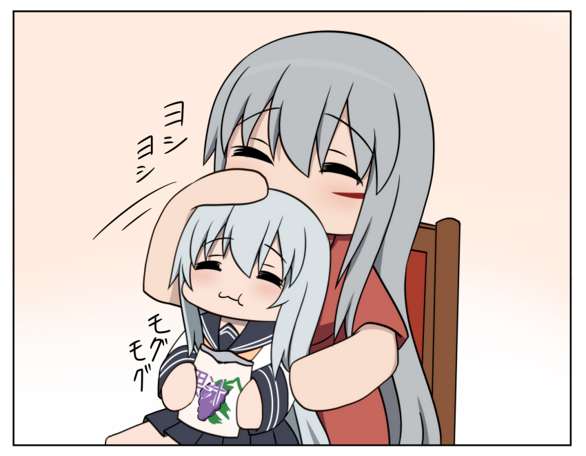 2girls blush bokota_(bokobokota) closed_eyes closed_mouth comic eating eyebrows_visible_through_hair facial_scar food fruit gangut_(kantai_collection) gradient gradient_background grapes grey_hair hair_between_eyes hibiki_(kantai_collection) highres kantai_collection long_hair mother_and_daughter multiple_girls petting scar scar_on_cheek seiza silver_hair simple_background sitting translation_request