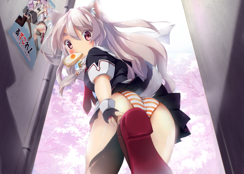 1girl adjusting_footwear animal_ears ass azur_lane bangs black_gloves black_legwear black_serafuku black_skirt blush braid breasts cherry_blossoms cosplay day egg fingerless_gloves food food_in_mouth gloves hair_between_eyes hair_ornament hair_ribbon kei_(pixiv2548624) kneehighs loafers long_hair looking_at_viewer looking_back medium_breasts mouth_hold nail_polish neckerchief outdoors panties pleated_skirt poster_(object) red_eyes red_footwear red_nails ribbon scarf school_uniform serafuku shiny shiny_skin shoes short_sleeves side_braid sidelocks silver_hair skirt sleeves_folded_up solo striped striped_panties tail thick_eyebrows thighs toast toast_in_mouth underwear yuudachi_(azur_lane) yuudachi_(kantai_collection) yuudachi_(kantai_collection)_(cosplay)