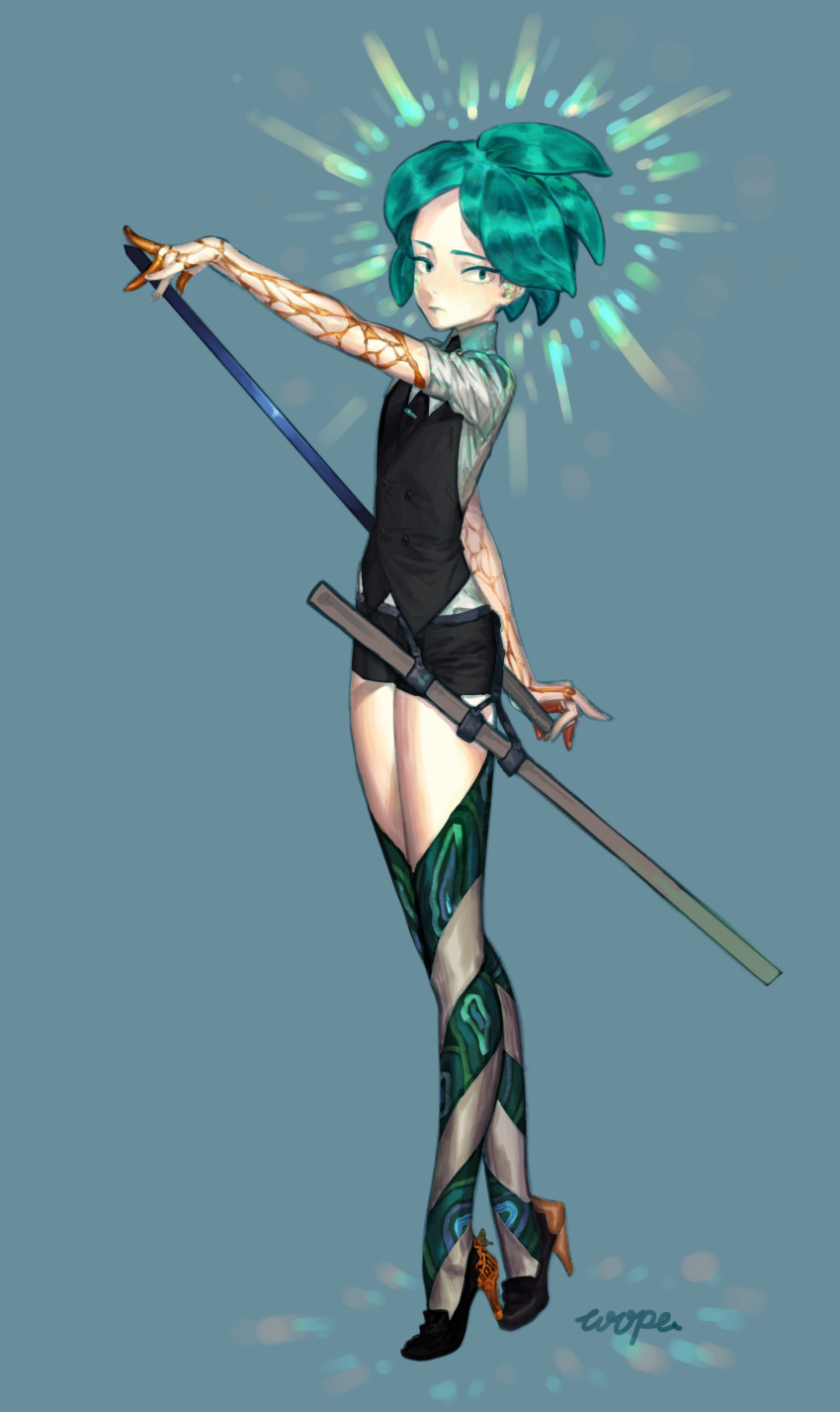 1other absurdres androgynous artist_name commentary gem_uniform_(houseki_no_kuni) green_eyes highres houseki_no_kuni looking_at_viewer necktie phosphophyllite short_hair short_sleeves shorts solo wope
