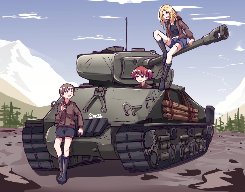 absurdres against_object alisa_(girls_und_panzer) arm_support artist_name bangs black_footwear black_shirt black_shorts blue_shorts boots brown_jacket closed_mouth commentary_request day english_commentary frown girls_und_panzer ground_vehicle highres jacket kay_(girls_und_panzer) leaning_back long_hair long_sleeves looking_at_another looking_back m4_sherman military military_uniform military_vehicle motor_vehicle naomi_(girls_und_panzer) open_clothes open_jacket open_mouth outdoors saunders_military_uniform shirt short_hair short_twintails shorts signature sitting smile standing tank tegar32 thigh-highs twintails uniform very_short_hair waving white_legwear