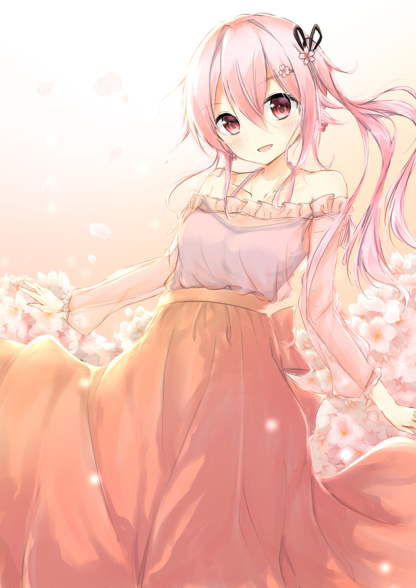 1girl absurdres bangs bare_shoulders casual cherry_blossoms collarbone commentary_request dress earrings eyebrows_visible_through_hair floral_background flower gradient gradient_background hair_flower hair_ornament hairclip harusame_(kantai_collection) highres jewelry kantai_collection long_dress long_hair long_sleeves looking_at_viewer open_mouth petals pink_eyes pink_hair see-through side_ponytail smile solo standing uzuki_tsukuyo