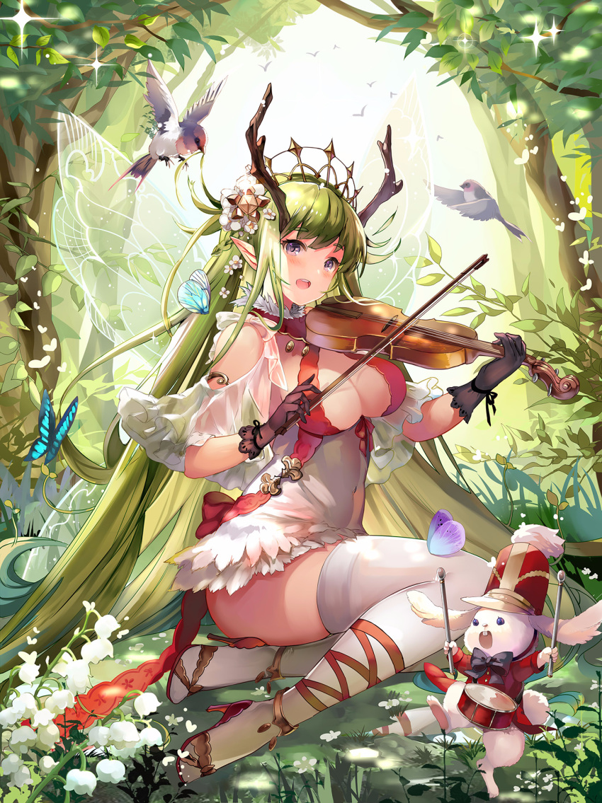 1girl ankle_ribbon antlers black_gloves breasts cleavage covered_navel fairy fairy_wings flower gloves green_hair hair_flower hair_ornament high_heels highres instrument issign large_breasts long_hair looking_at_viewer outdoors pointy_ears rabbit ribbon shadowverse sitting solo sparkle thigh-highs very_long_hair violin white_legwear wings yokozuwari