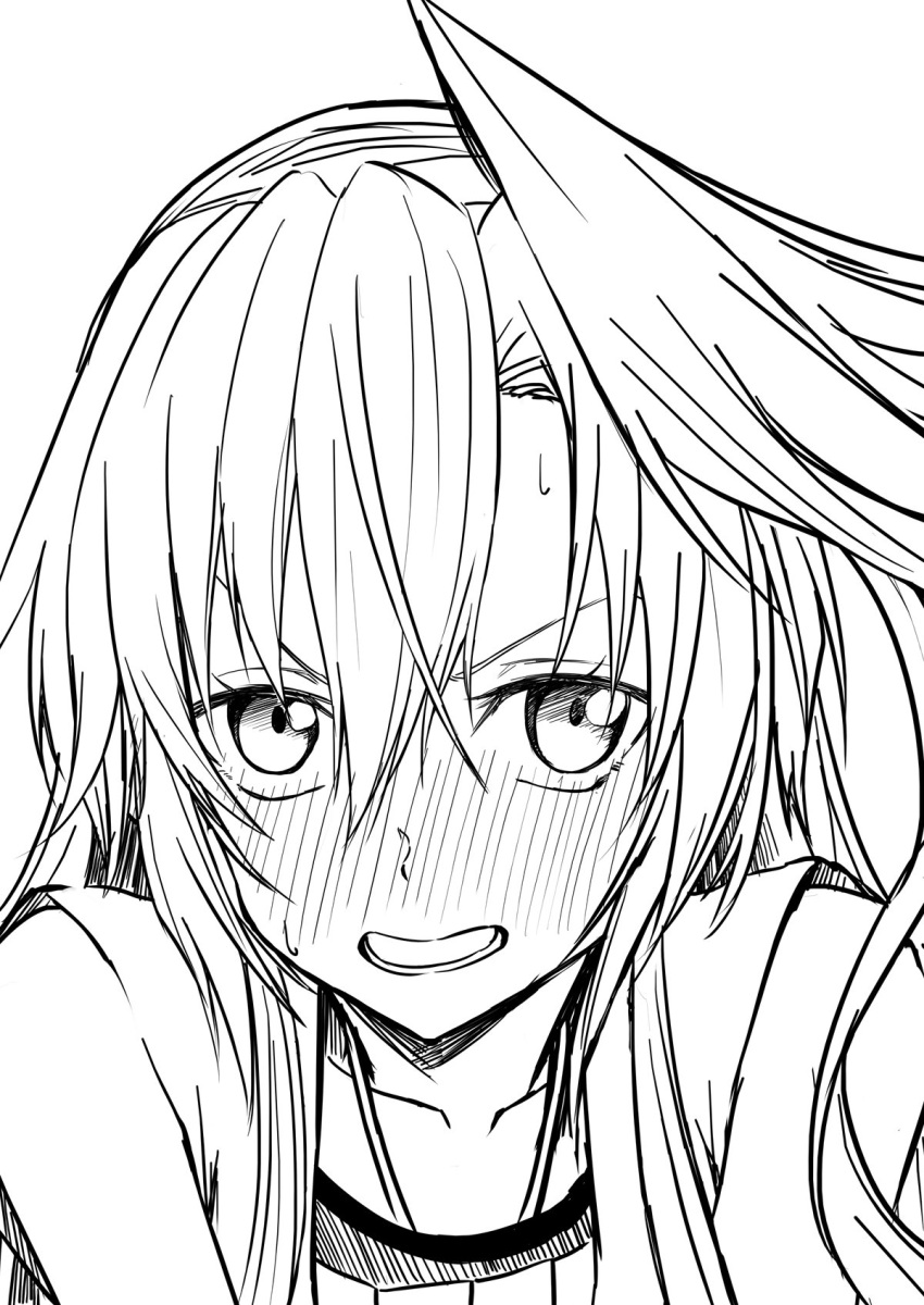 1girl asymmetrical_bangs bangs bare_shoulders blush copyright_request greyscale highres judo_fuu long_hair monochrome nose_blush solo sweatdrop upper_body v-shaped_eyebrows