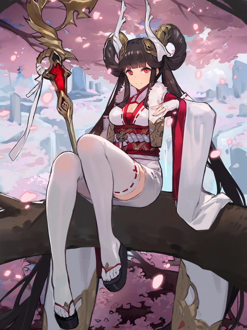 1girl bangs black_hair blunt_bangs breasts bridal_gauntlets cherry_blossoms cleavage closed_eyes detached_sleeves eyebrows_visible_through_hair fingerless_gloves gloves hair_rings highres horns japanese_clothes kimono kishiyo long_hair looking_at_viewer medium_breasts obi outdoors petals red_eyes ribbon-trimmed_legwear ribbon-trimmed_sleeves ribbon_trim sandals sash shadowverse short_kimono sidelocks sitting smile solo thigh-highs toes twintails very_long_hair white_gloves white_legwear