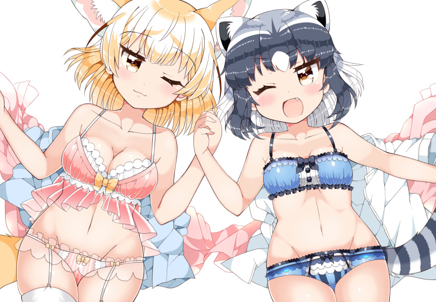 2girls ;3 animal_ears bare_arms barefoot blonde_hair blush bow bow_bra bow_panties bra breasts cleavage closed_mouth collarbone common_raccoon_(kemono_friends) extra_ears eyebrows_visible_through_hair fang fennec_(kemono_friends) fox_ears fox_tail grey_hair groin hand_holding hands_up highres interlocked_fingers kanjitomiko kemono_friends lingerie looking_at_viewer lying medium_breasts multicolored_hair multiple_girls navel on_back one_eye_closed open_mouth panties plaid plaid_panties raccoon_ears raccoon_tail shiny shiny_hair smile stomach striped_tail tail thigh-highs thigh_strap two-tone_hair underwear underwear_only upper_body white_hair