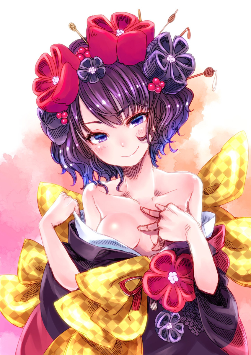 1girl bare_shoulders blue_eyes blush breasts closed_mouth commentary_request fate/grand_order fate_(series) hair_ornament hairpin hand_on_own_chest head_tilt highres japanese_clothes katsushika_hokusai_(fate/grand_order) kimono ko_yu looking_at_viewer off_shoulder ouhashi_(yumenosukima) pink_background purple_hair purple_kimono short_hair small_breasts smile solo upper_body