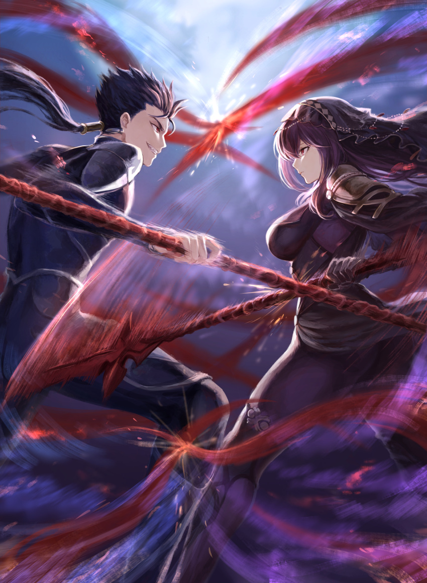 1boy 1girl ass backlighting bangs battle black_hair blue_bodysuit bodysuit breasts circlet clenched_teeth closed_mouth cu_chulainn_(fate/grand_order) eye_contact fate/grand_order fate_(series) feet_out_of_frame from_side gae_bolg highres holding holding_weapon lancer long_hair looking_at_another low_ponytail mashu_003 medium_breasts motion_blur profile purple_bodysuit purple_hair red_eyes scathach_(fate/grand_order) shoulder_armor speed_lines standing teeth tsurime v-shaped_eyebrows veil very_long_hair weapon
