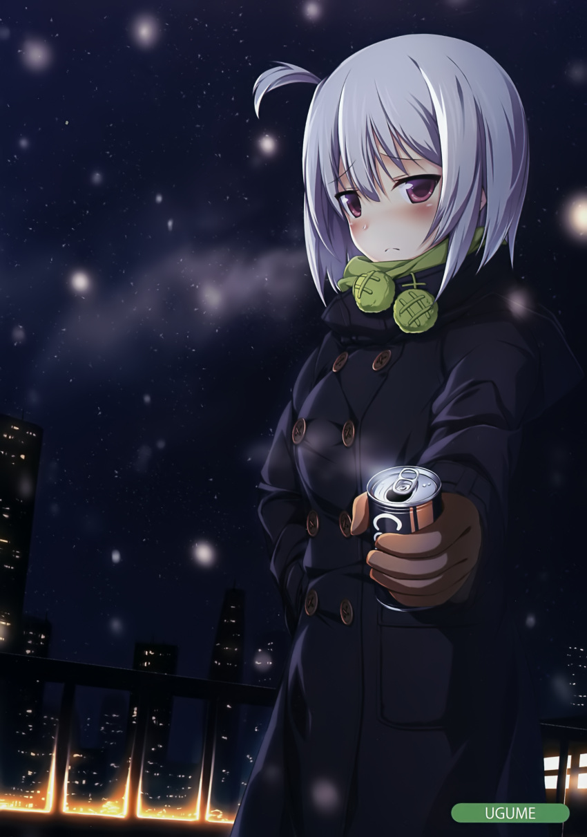1girl absurdres artist_name black_coat blush brown_gloves can eyebrows_visible_through_hair gloves hair_between_eyes hand_on_hip highres holding holding_can long_hair looking_at_viewer night one_side_up original outdoors red_eyes silver_hair sky snowing solo star_(sky) starry_sky ugume