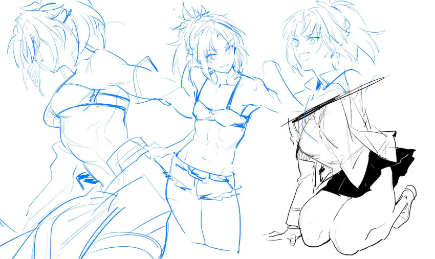 &gt;:d 1girl alternate_costume breasts denim denim_shorts eyebrows fate/apocrypha fate/grand_order fate_(series) groin highres jeans kneeling kotneciii lineart mordred_(fate) mordred_(fate)_(all) multiple_views navel pants ponytail shorts sketch skirt small_breasts under_boob white_background