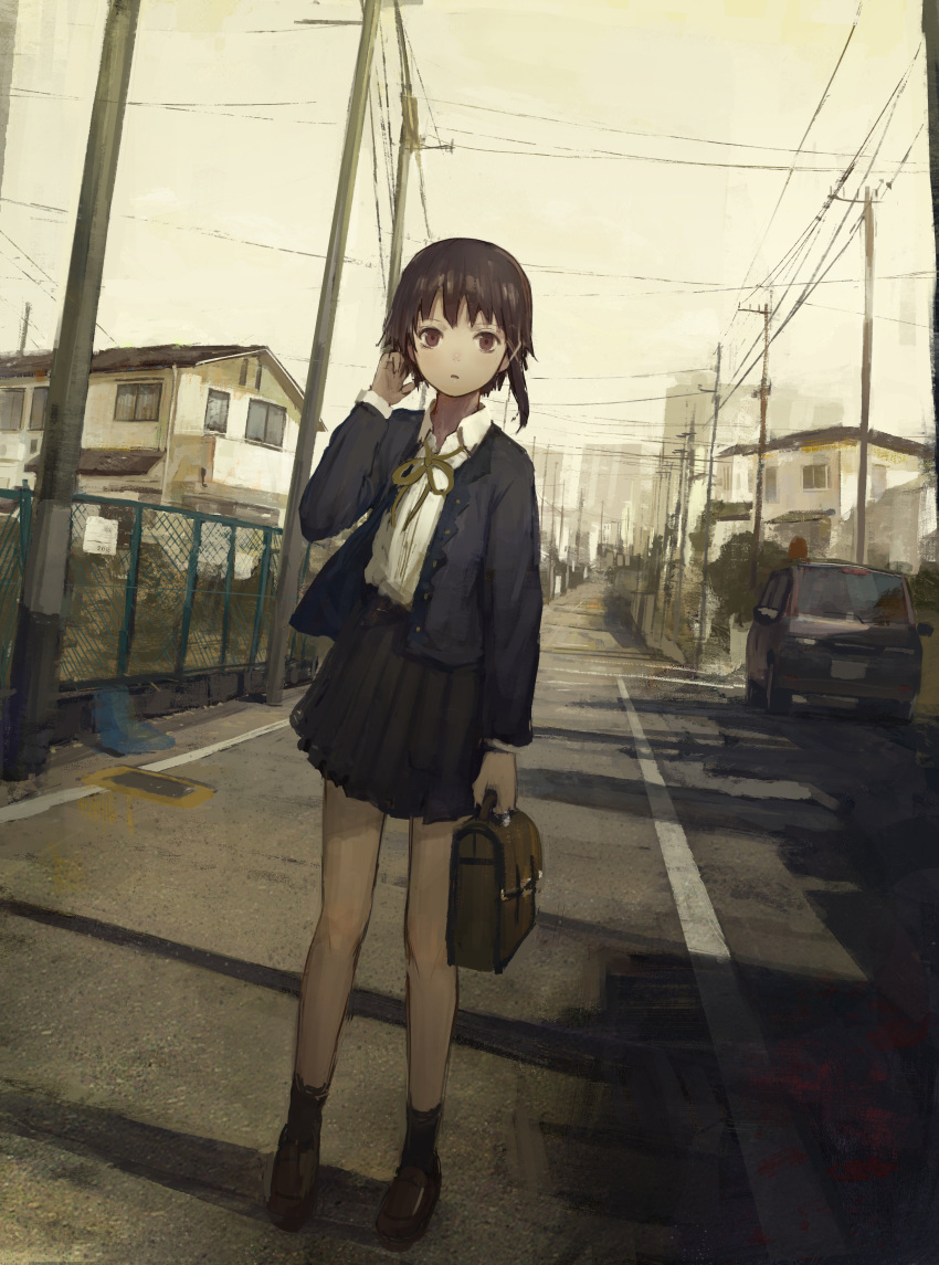 1girl absurdres asymmetrical_bangs asymmetrical_hair bag bangs blazer bookbag brown_eyes brown_hair building car chain-link_fence fence ground_vehicle hand_in_hair highres house iwakura_lain jacket looking_at_viewer motor_vehicle neck_ribbon outdoors power_lines ribbon road school_uniform serial_experiments_lain shion_(mirudakemann) short_hair skirt solo street