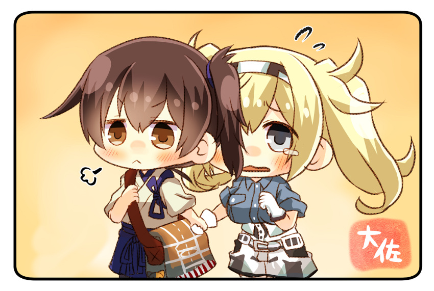 2girls :&lt; artist_name blonde_hair blue_eyes blue_hakama blue_shirt brown_eyes brown_hair commentary gambier_bay_(kantai_collection) gloves hair_between_eyes hakama hakama_skirt japanese_clothes kaga_(kantai_collection) kantai_collection long_hair multiple_girls open_mouth shirt short_hair short_sleeves side_ponytail taisa_(kari) tasuki tears twintails v-shaped_eyebrows white_gloves