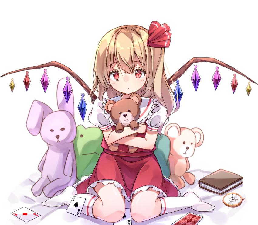 1girl :o absurdres ace_of_clubs ace_of_diamonds ace_of_spades alternate_hair_length alternate_hairstyle blonde_hair book card eyebrows_visible_through_hair flandre_scarlet hair_between_eyes hair_ribbon highres kneehighs long_hair looking_at_viewer no_headwear no_shoes object_hug playing_card pocket_watch puffy_short_sleeves puffy_sleeves red_eyes red_skirt red_vest ribbon shadow short_sleeves side_ponytail simple_background sitting skirt slit_pupils solo stuffed_animal stuffed_bunny stuffed_toy tareme teddy_bear touhou vest wariza watch white_background white_legwear wings zoirun