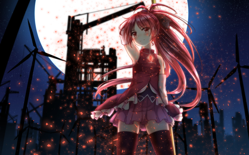 1girl absurdres armpits black_bow black_legwear bow detached_sleeves from_below full_body hair_bow head_tilt high_ponytail highres holding holding_weapon long_hair looking_at_viewer mahou_shoujo_madoka_magica miniskirt night outdoors pink_skirt pleated_skirt polearm red_eyes redhead sakura_kyouko skirt sleeveless solo thigh-highs uneune very_long_hair weapon wind_turbine windmill zettai_ryouiki