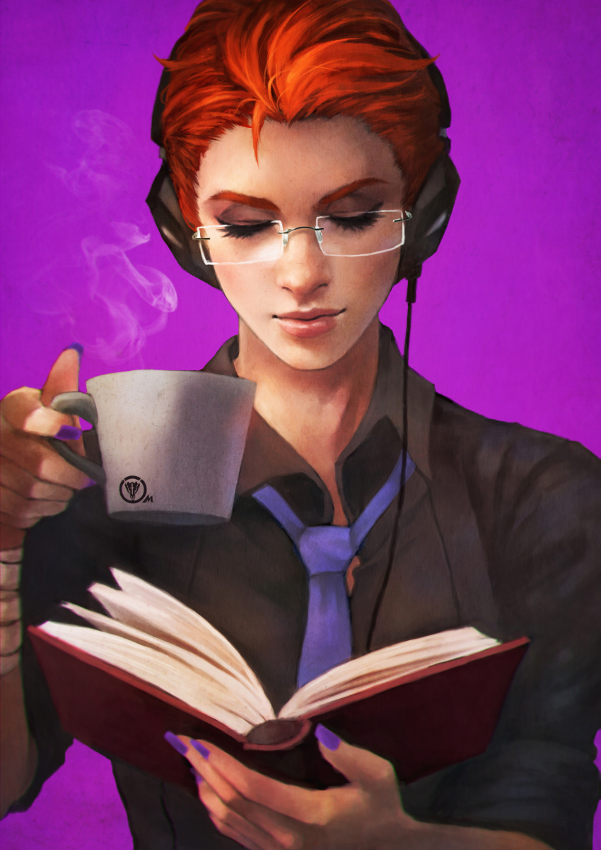 1girl absurdres bandage bandaged_arm black_shirt book closed_eyes closed_mouth coffee_mug collared_shirt cup facial_mark fingernails forehead_mark glasses gradient gradient_background headphones highres holding holding_book holding_mug lips long_fingernails moira_(overwatch) mug nail_polish necktie open_book overwatch pink_background purple_nails purple_neckwear redhead rimless_eyewear shirt shoes smile solo upper_body wing_collar