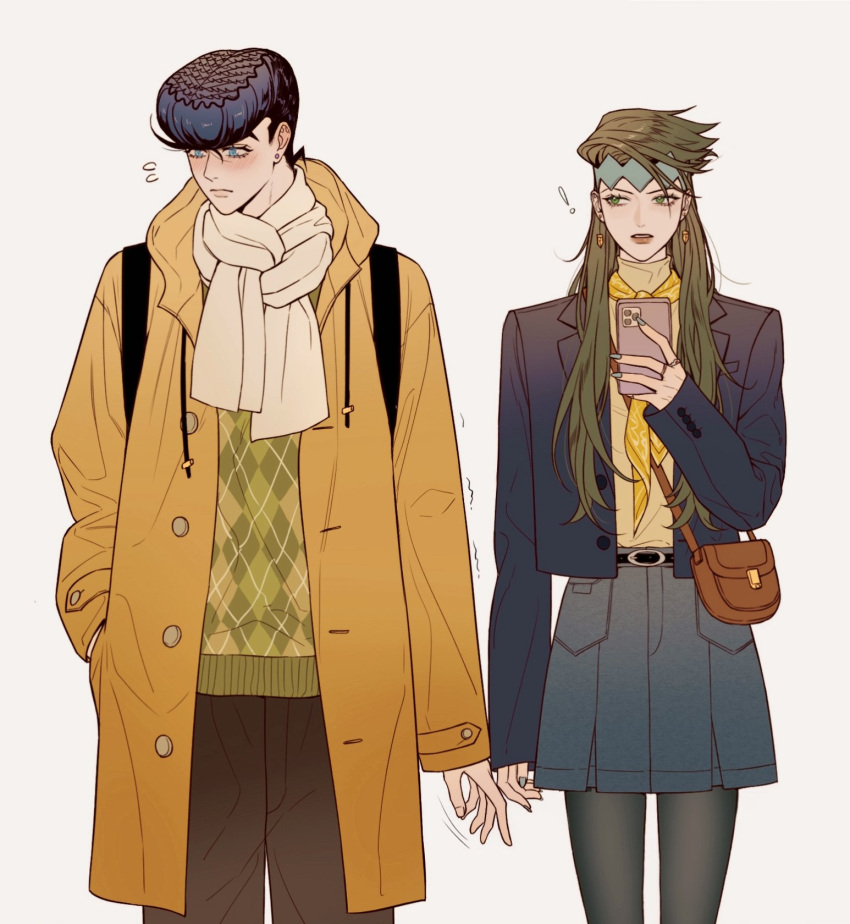 1boy 1girl backpack bag blue_eyes blush breasts buttons cellphone coat commentary diamond_wa_kudakenai earrings flying_sweatdrops genderswap genderswap_(mtf) green_eyes green_hair green_nails hand_in_pocket headband hetero higashikata_josuke highres holding holding_phone jacket jewelry jojo_no_kimyou_na_bouken kishibe_rohan long_hair long_sleeves looking_at_another medium_breasts pants pantyhose phone polina29297783 pompadour purple_hair ring scarf skirt smartphone standing sweater symbol-only_commentary