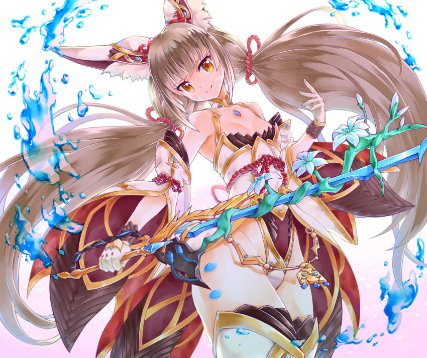 1girl animal_ears bangs breasts brown_hair cat_ears collarbone commentary_request eyebrows_visible_through_hair gloves gunjou_(88588) holding holding_weapon long_hair looking_at_viewer niyah small_breasts smile solo twintails weapon white_gloves xenoblade_(series) xenoblade_2 yellow_eyes