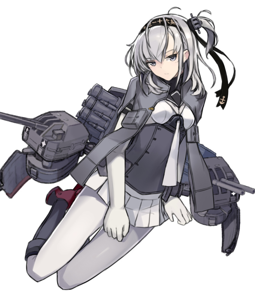 +_+ 1girl absurdres ahoge anchor_symbol bangs black_footwear black_hairband blue_eyes blush boots breasts cannon chou-10cm-hou-chan_(suzutsuki's) clothes_writing corset elbow_gloves full_body gloves grey_jacket hairband head_tilt highres jacket kantai_collection knee_boots long_hair looking_at_viewer machinery mcan miniskirt one_side_up open_clothes open_jacket pleated_skirt pocket rigging shirt silver_hair simple_background sitting skirt small_breasts suzutsuki_(kantai_collection) thigh_gap turret white_background white_gloves white_legwear white_shirt white_skirt yokozuwari