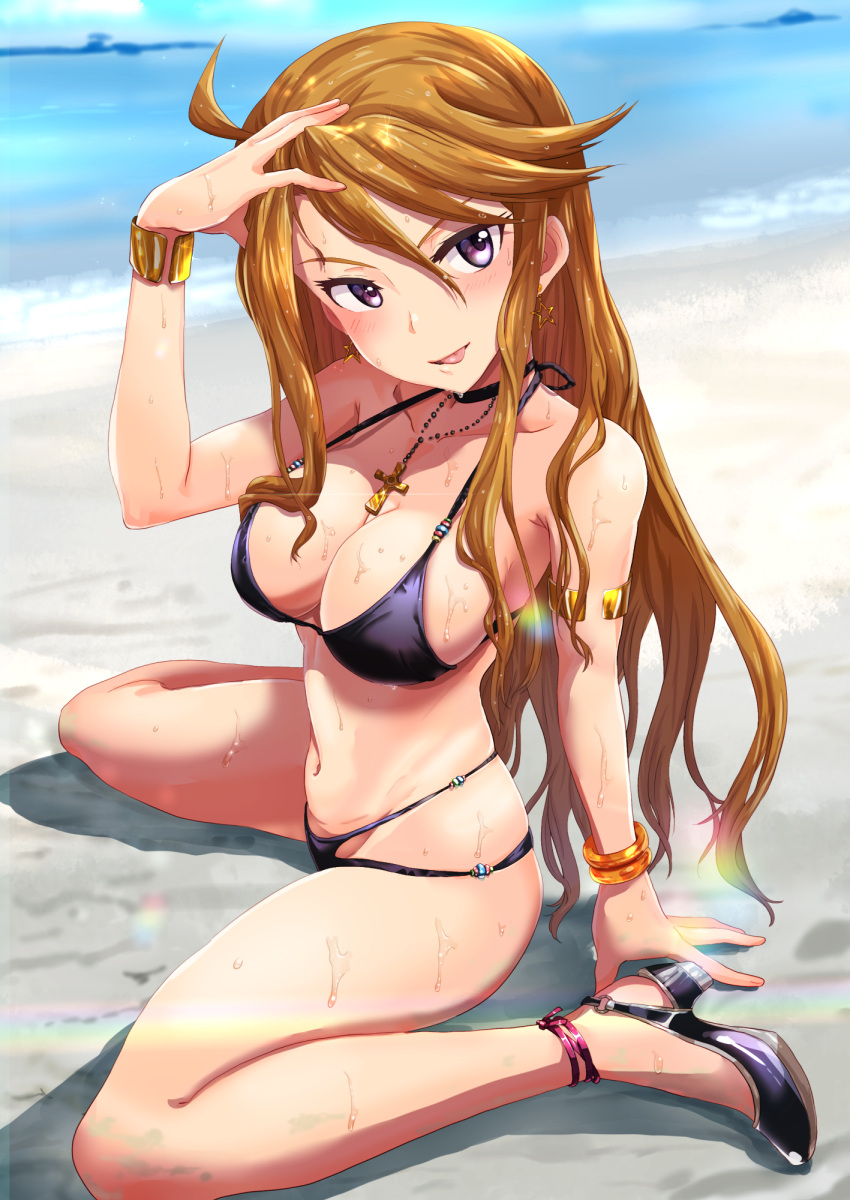 1girl ahoge arm_support arm_up armlet bangs bare_arms bare_legs bare_shoulders beach bikini black_bikini black_choker black_footwear blurry blurry_background blush bracelet breasts brown_hair choker cleavage collarbone cross cross_necklace day depth_of_field earrings from_above full_body glint groin hair_between_eyes halterneck hand_on_own_head high_heels highres idolmaster idolmaster_million_live! jewelry leg_ribbon lens_flare light_particles long_hair looking_at_viewer looking_up medium_breasts navel necklace ocean outdoors parted_lips pink_ribbon ribbon run_p_(aveton) sand sand_on_skin shadow shiny shiny_hair sidelocks sitting smile solo star star_earrings stomach string_bikini swept_bangs swimsuit thighs tokoro_megumi tongue tongue_out tsurime very_long_hair violet_eyes wariza water water_drop wet wet_hair