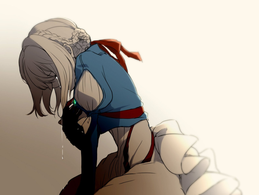 1girl arms_between_legs bangs blonde_hair blue_jacket braid brooch closed_eyes crying dress from_side hair_between_eyes hair_bun hair_intakes hair_ribbon head_down highres jacket jewelry kate_iwana kneeling long_sleeves looking_down red_ribbon ribbon sad seiza sitting solo tears violet_evergarden violet_evergarden_(character)