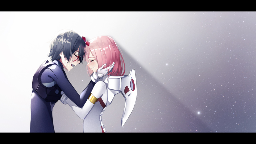 1boy 1girl :d armlet black_bodysuit black_hair blood blood_on_face blush bodysuit broken_horn closed_eyes crying darling_in_the_franxx facing_another forehead-to-forehead from_side gradient gradient_background grey_background hand_on_another's_cheek hand_on_another's_face happy_tears highres hiro_(darling_in_the_franxx) letterboxed light_particles long_hair open_mouth parted_lips pilot_suit pink_hair profile shiny shiny_clothes shiny_hair smile spoilers tears the_cold upper_body white_bodysuit zero_two_(darling_in_the_franxx)