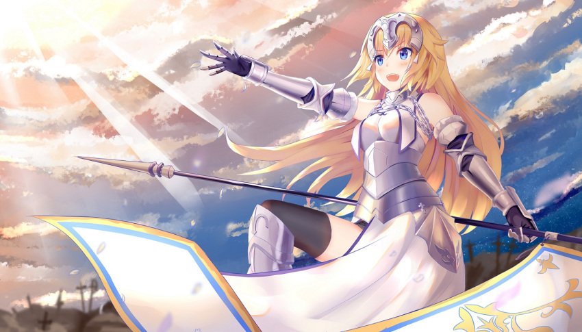 1girl :d armor armored_dress black_legwear blonde_hair blue_eyes blurry clouds cloudy_sky commentary_request depth_of_field fate/apocrypha fate_(series) flagpole gauntlets headpiece holding jeanne_d'arc_(fate) jeanne_d'arc_(fate)_(all) long_hair mobu_(wddtfy61) open_mouth sky smile solo thigh-highs twilight v-shaped_eyebrows wind