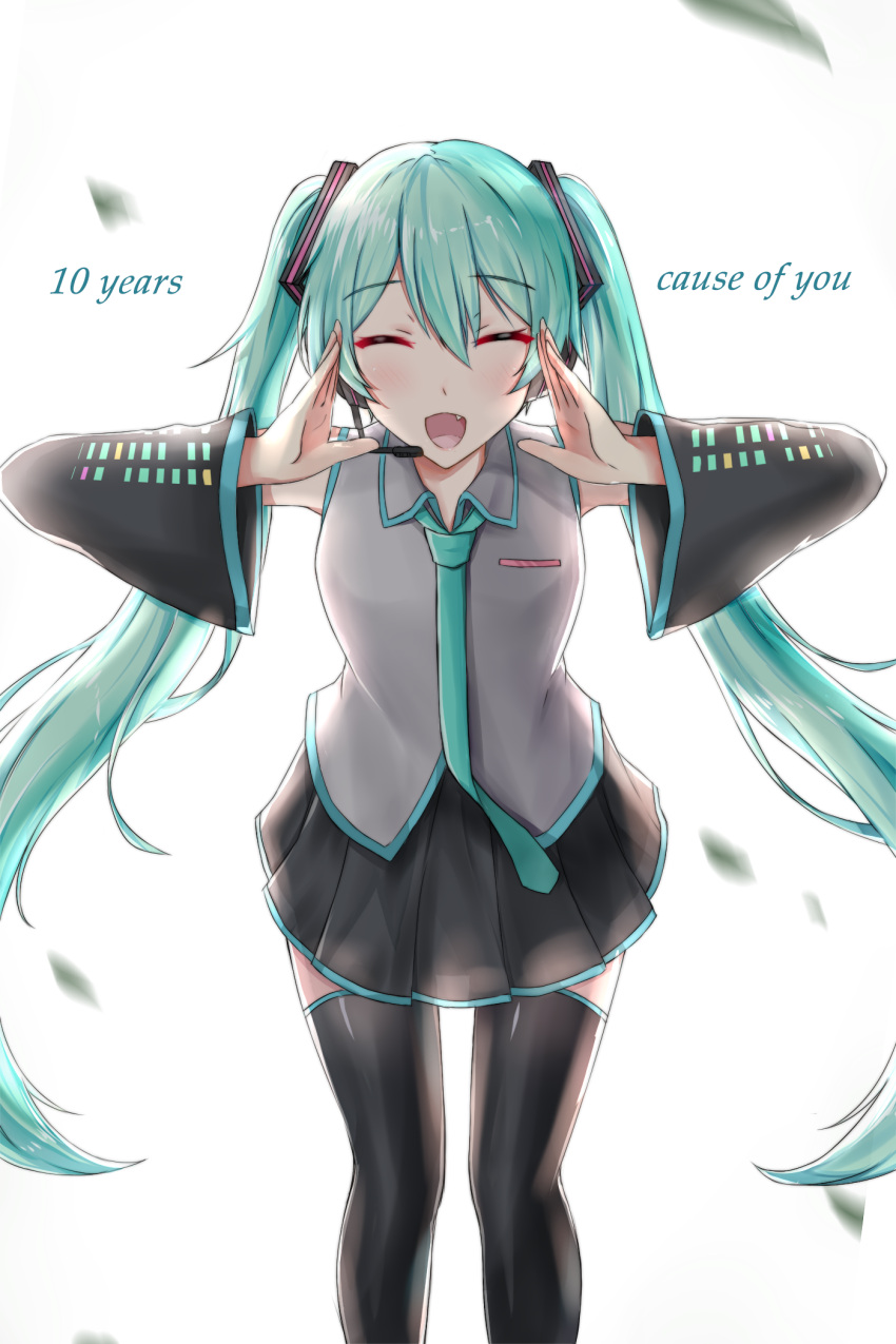 1girl aqua_hair aqua_neckwear black_legwear black_skirt closed_eyes detached_sleeves eyebrows_visible_through_hair fang floating_hair grey_shirt hair_between_eyes hair_ornament hatsune_miku headphones headset highres leaning_forward long_hair mango_(mgo) microphone miniskirt open_mouth pleated_skirt shiny shiny_clothes shirt simple_background skirt sleeveless sleeveless_shirt solo standing thigh-highs very_long_hair vocaloid white_background zettai_ryouiki