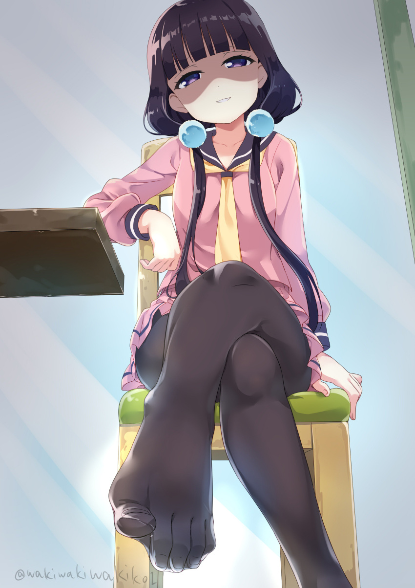 1girl absurdres arm_rest bangs black_hair black_legwear black_sailor_collar blend_s chair collarbone commentary_request evil_smile eyebrows_visible_through_hair feet fingernails head_tilt highres legs legs_crossed long_hair long_sleeves looking_at_viewer low_twintails neki_(wakiko) no_shoes on_chair pantyhose parted_lips pink_serafuku pink_shirt pink_skirt pleated_skirt sailor_collar sakuranomiya_maika school_uniform see-through serafuku shaded_face shirt sitting skirt smile solo table toenails toes twintails twitter_username very_long_hair violet_eyes yellow_neckwear