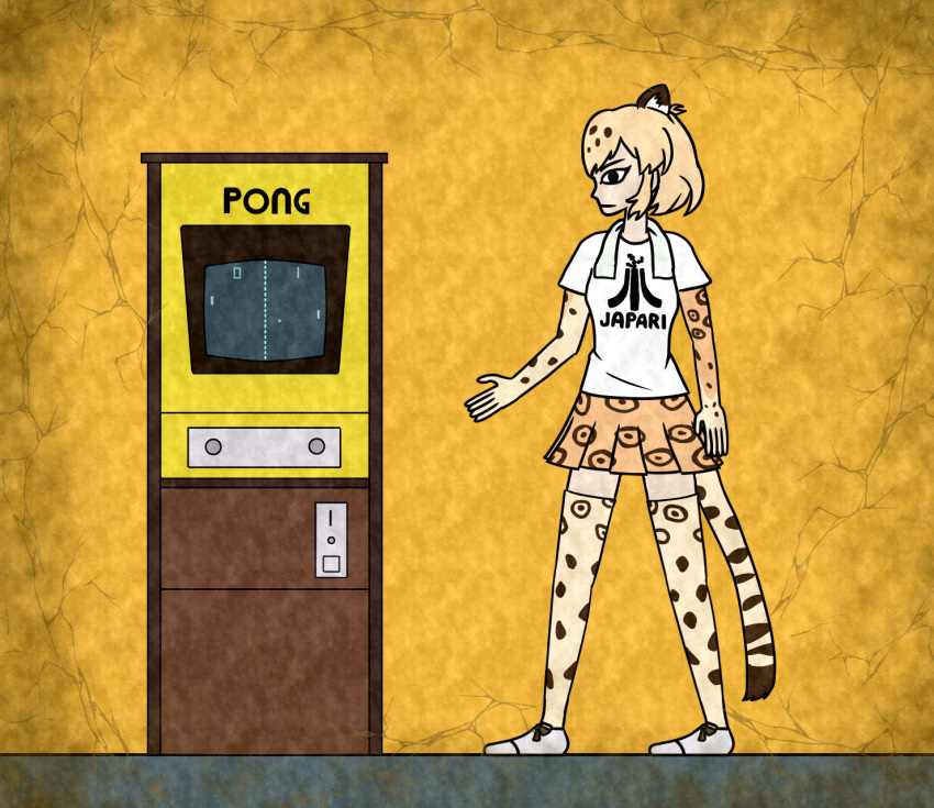 1girl arcade_cabinet arm_at_side atari black_eyes blonde_hair brand_name_imitation closed_mouth clothes_writing commentary_request crack egyptian_art from_side full_body highres jaguar_(kemono_friends) jaguar_ears jaguar_print jaguar_tail kemono_friends kita_(7kita) legs_apart pleated_skirt pong profile pun shirt short_hair short_sleeves skirt solo standing thigh-highs towel towel_around_neck white_footwear white_shirt yellow_background zettai_ryouiki