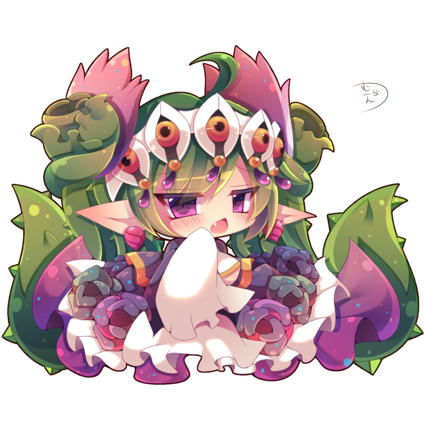 1girl ahoge bangs blush breasts chestnut_mouth chibi commentary_request dress eyebrows_visible_through_hair fang flower green_flower green_hair green_rose hair_ornament highres large_breasts last_period long_hair long_sleeves meldia_(last_period) muuran open_mouth plant pointy_ears rose signature sleeves_past_fingers sleeves_past_wrists solo thorns very_long_hair vines violet_eyes white_dress