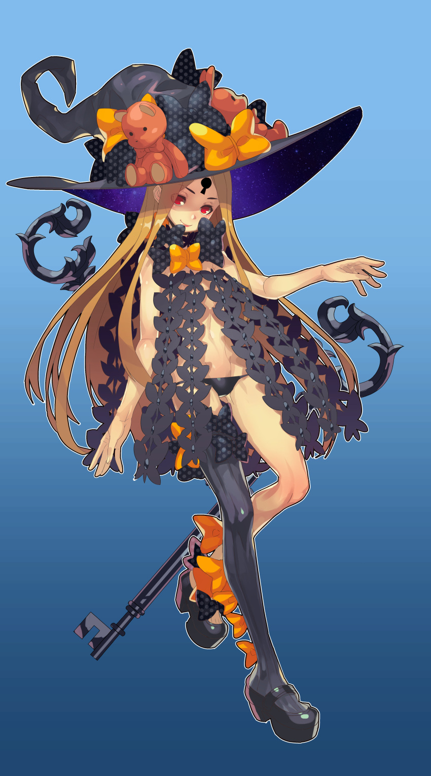 1girl abigail_williams_(fate/grand_order) absurdres bangs black_panties blonde_hair blue_background bow bug butterfly fate/grand_order fate_(series) fengmo_bojue full_body gluteal_fold gradient gradient_background hair_bow hat hat_bow highres insect key keyhole long_hair looking_at_viewer orange_bow panties parted_bangs platform_footwear polka_dot polka_dot_bow shoe_bow shoes single_thighhigh smile solo stuffed_animal stuffed_toy teddy_bear thigh-highs underwear very_long_hair witch_hat