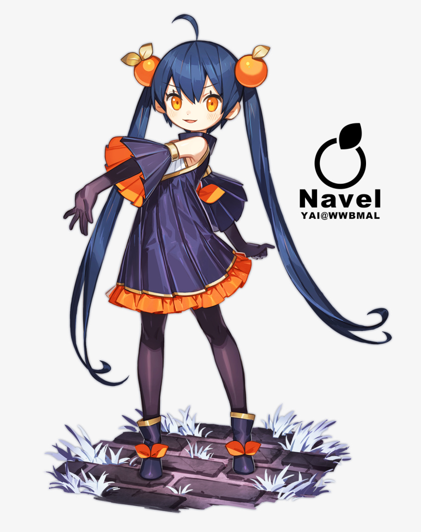 1girl :d ahoge bangs bare_shoulders black_dress black_footwear black_gloves black_legwear blue_hair blush boots brick_floor commentary detached_sleeves dress elbow_gloves eyebrows_visible_through_hair food_themed_hair_ornament gloves grey_background hair_between_eyes hair_ornament highres long_hair long_sleeves looking_at_viewer open_mouth orange_eyes orange_hair_ornament original pantyhose pleated_dress smile solo standing symbol_commentary twintails very_long_hair wide_sleeves yai_(hachihito)