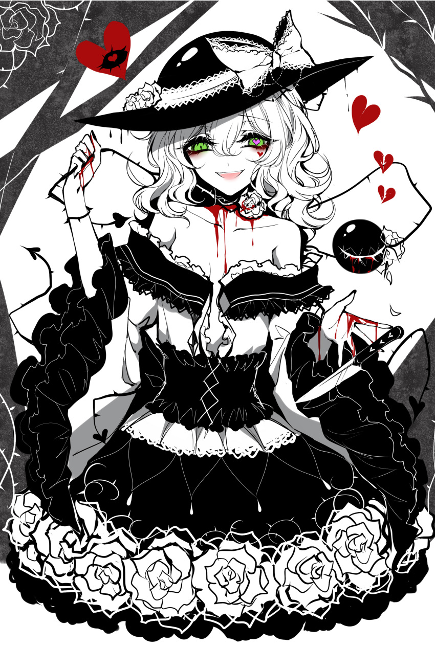 1girl absurdres black_dress black_hat blood bow breasts choker cleavage collarbone cropped_legs dress eyebrows_visible_through_hair flower gothic_lolita green_eyes hair_between_eyes hat hat_bow heart heart-shaped_pupils highres komeiji_koishi limited_palette lolita_fashion long_hair sheya small_breasts solo standing sun_hat symbol-shaped_pupils thorns touhou white_background white_bow white_flower white_hair