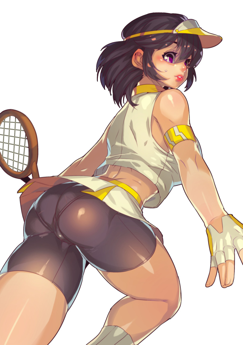 1girl absurdres armband ass bike_shorts black_hair breasts fengmo_bojue fingerless_gloves gloves hair_between_eyes highres large_breasts lipstick makeup medium_hair midriff miniskirt original panties_under_bike_shorts parted_lips racket red_lipstick simple_background skirt sleeveless socks solo tennis_racket trefoil violet_eyes visor white_background white_gloves white_legwear