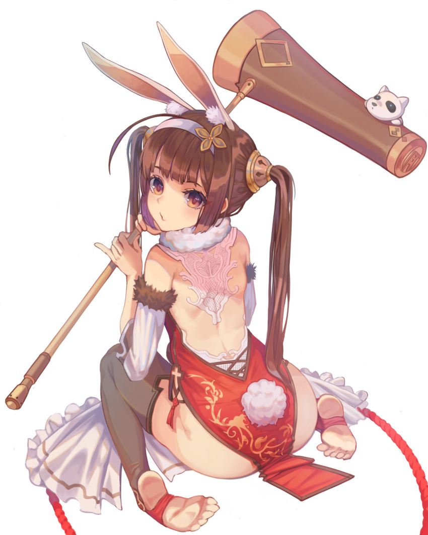 1girl ahoge animal_ears ass azur_lane bangs bare_shoulders barefoot blunt_bangs blush china_dress chinese_clothes closed_eyes detached_sleeves dog dress elrusa from_behind full_body fur-trimmed_sleeves fur_collar fur_trim hammer highres holding holding_hammer kemonomimi_mode long_sleeves looking_back pelvic_curtain ping_hai_(azur_lane) pinky_out pouty_lips rabbit_ears red_dress red_eyes rope simple_background soles solo stirrup_legwear toes twintails white_background