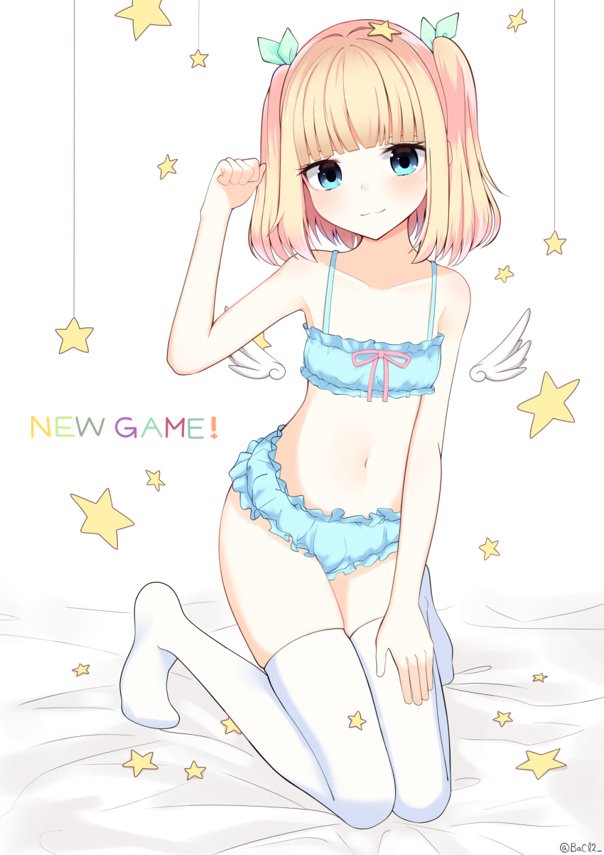 :3 artist_name bacl2 bare_shoulders bed_sheet blonde_hair blue_bra blue_eyes bra cinderella_bust copyright_name flat_chest hair_ornament hand_on_own_knee highres iijima_yun kneeling looking_at_viewer medium_hair midriff navel new_game! paw_pose simple_background star star_hair_ornament thigh-highs underwear white_legwear wings