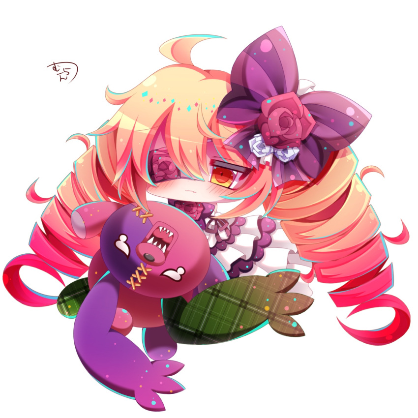 1girl absurdly_long_hair ahoge bangs blonde_hair bow braid closed_mouth commentary_request dress eyebrows_visible_through_hair eyepatch fang fang_out floral_print flower hair_between_eyes hair_bow highres long_hair muuran orange_eyes pink_ribbon plaid print_eyepatch purple_bow ribbon rosalie_(shironeko_project) rose rose_print sharp_teeth shironeko_project signature simple_background solo striped striped_bow stuffed_animal stuffed_toy teardrop teddy_bear teeth twin_braids twintails very_long_hair white_background white_dress white_flower white_rose