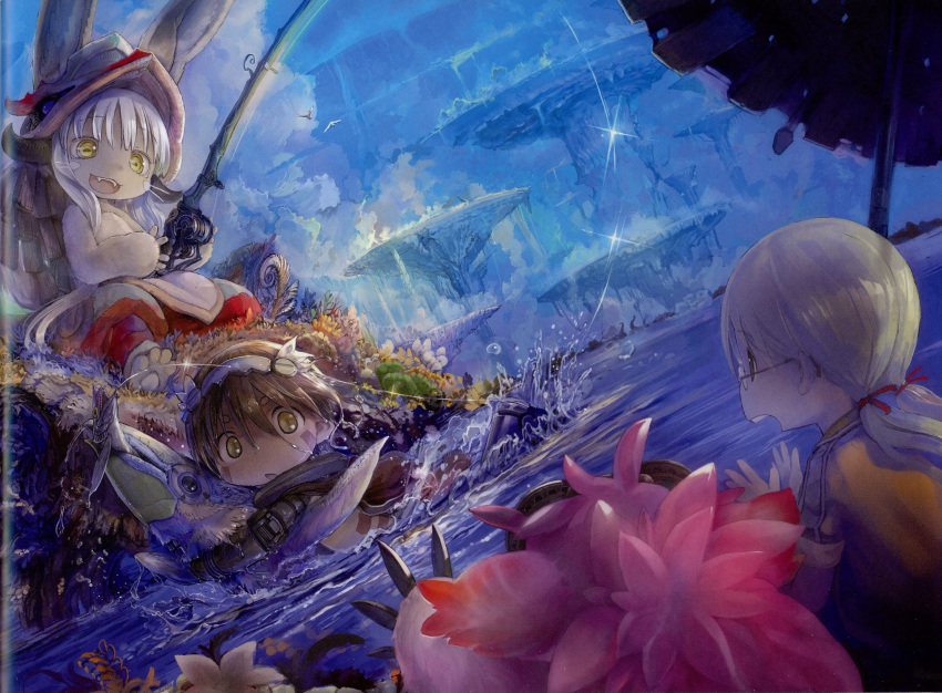 1boy 2girls animal_ears blonde_hair blush brown_hair fishing_rod hair_ribbon highres holding holding_fishing_rod long_hair looking_at_another made_in_abyss multiple_girls nanachi_(made_in_abyss) official_art open_mouth parted_lips rabbit_ears red_ribbon regu_(made_in_abyss) ribbon riko_(made_in_abyss) scan short_hair smile swimming tsukushi_akihito twintails water white_hair yellow_eyes