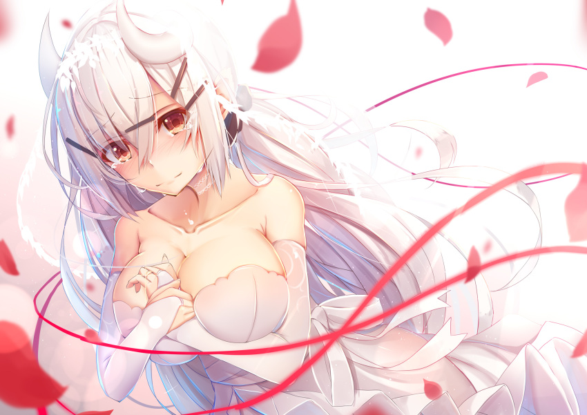 1girl blush breasts bridal_gauntlets brown_eyes choker cleavage collarbone crying crying_with_eyes_open dress dsmile eyebrows_visible_through_hair floating_hair flower hair_between_eyes hair_flower hair_ornament hairclip highres horns jewelry large_breasts long_hair original red_petals red_ribbon ribbon ring shiny shiny_skin silver_hair sleeveless sleeveless_dress solo strapless tears very_long_hair wedding_dress white_dress white_flower