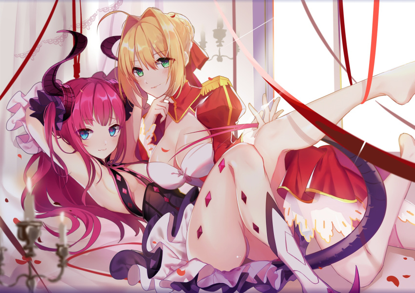 2girls ahoge akira_(ying) armored_boots arms_up bangs barefoot black_dress blonde_hair blue_eyes blurry blurry_foreground blush boots bow braid breasts candlestand candy cleavage closed_mouth commentary_request curled_horns depth_of_field detached_sleeves dragon_girl dragon_horns dragon_tail dress elizabeth_bathory_(fate) elizabeth_bathory_(fate)_(all) epaulettes eyebrows_visible_through_hair fate/extra fate/extra_ccc fate_(series) fingernails food green_eyes hair_between_eyes hair_bow hair_bun hair_intakes hair_ribbon highres horns juliet_sleeves knee_boots large_breasts long_hair long_sleeves looking_at_viewer multiple_girls nero_claudius_(fate) nero_claudius_(fate)_(all) panties petals pink_hair pink_panties puffy_sleeves purple_ribbon red_bow red_dress red_ribbon ribbon single_boot small_breasts spikes tail two_side_up underwear very_long_hair