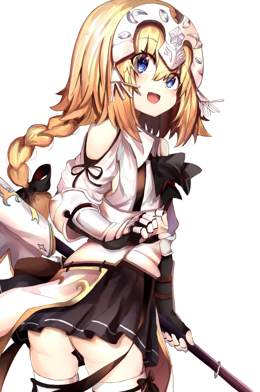 1girl :d absurdres ass bangs black_bow black_skirt blonde_hair blush bow braid collared_shirt eyebrows_visible_through_hair fate/apocrypha fate/grand_order fate_(series) gauntlets hair_between_eyes hair_bow headpiece highres jeanne_d'arc_(fate) jeanne_d'arc_(fate)_(all) long_hair open_mouth pleated_skirt ranf shirt shoulder_cutout simple_background skirt smile solo thigh-highs very_long_hair white_background white_legwear white_shirt