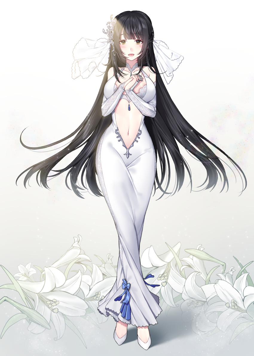 1girl :d absurdres alternate_costume bangs bare_shoulders black_hair blunt_bangs blush braid breasts bridal_gauntlets center_opening cleavage collarbone dress eyebrows_visible_through_hair flower french_braid full_body gem girls_frontline gradient gradient_background hair_flower hair_ornament hands_clasped highres ia_(ias1010) large_breasts legs_crossed long_hair looking_at_viewer navel no_legwear open_mouth own_hands_together qbz-95_(girls_frontline) sleeveless sleeveless_dress smile solo stomach straight_hair tsurime very_long_hair watson_cross white_background white_dress white_flower white_footwear