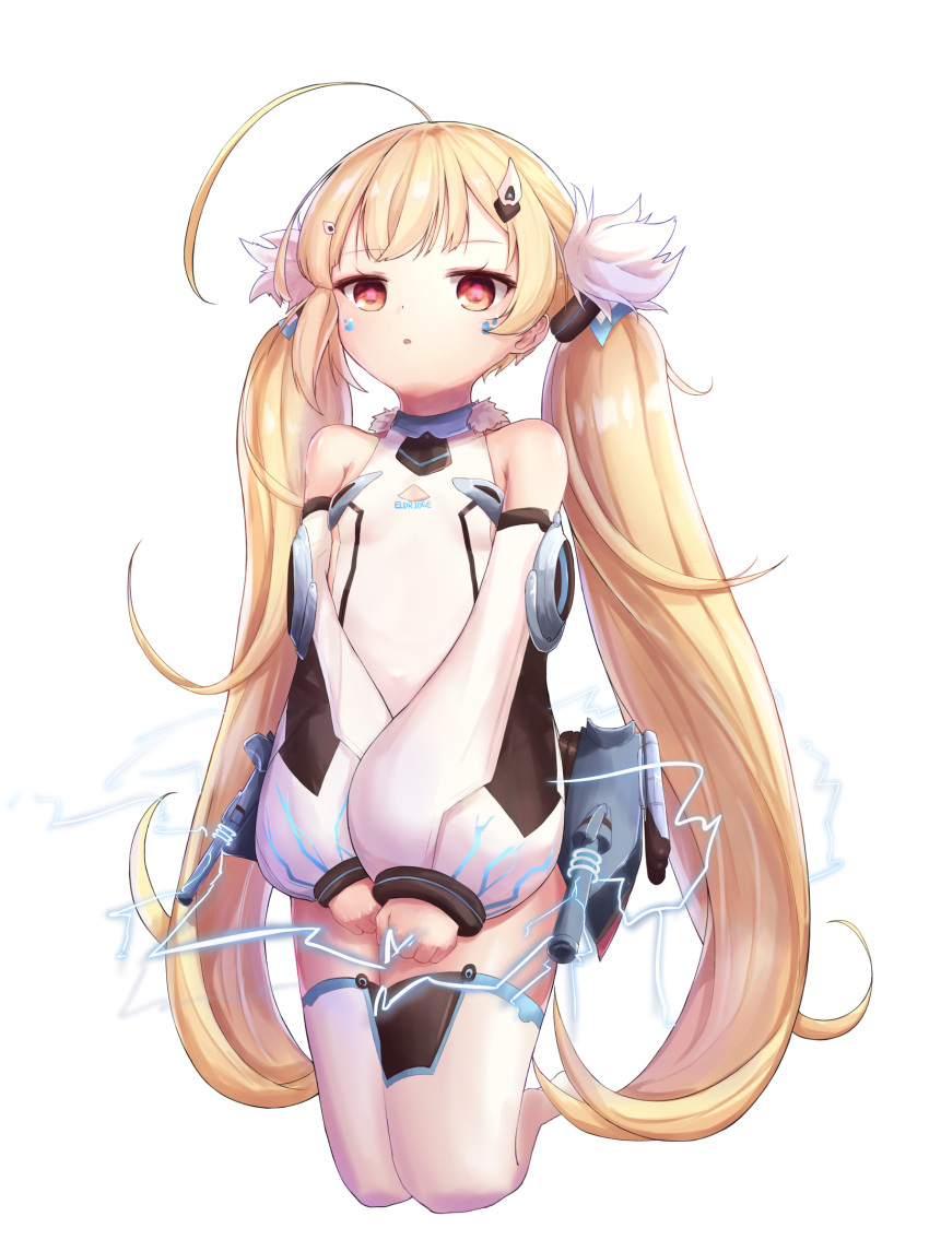1girl :o azur_lane bangs bare_shoulders blonde_hair blush breasts cannon character_name collarbone commentary_request detached_sleeves dress eldridge_(azur_lane) electricity eyebrows_visible_through_hair facial_mark highres kneehighs long_hair long_sleeves looking_at_viewer no_shoes parted_lips puffy_long_sleeves puffy_sleeves red_eyes set_(vrkdgus1) simple_background sleeveless sleeveless_dress sleeves_past_wrists small_breasts solo thigh-highs twintails very_long_hair white_background white_dress white_legwear