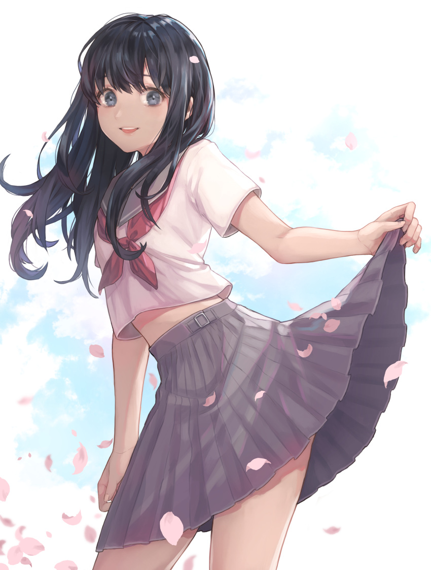 1girl absurdres belly_peek black_hair black_sailor_collar black_skirt cherry_blossoms commentary_request fingernails grey_eyes highres long_hair looking_at_viewer neckerchief original parted_lips petals pleated_skirt red_neckwear sailor_collar saino school_uniform serafuku short_sleeves skirt skirt_hold solo tongue tongue_out upper_teeth white_background