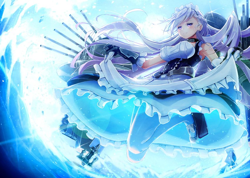 1girl apron azur_lane bangs belfast_(azur_lane) black_gloves blue blue_sky braid breasts cleavage crown_braid dress french_braid frills full_body glint gloves large_breasts long_hair looking_at_viewer maid maid_headdress outdoors platform_footwear pot-palm silver_hair skirt_hold sky smile solo violet_eyes water waves white_legwear